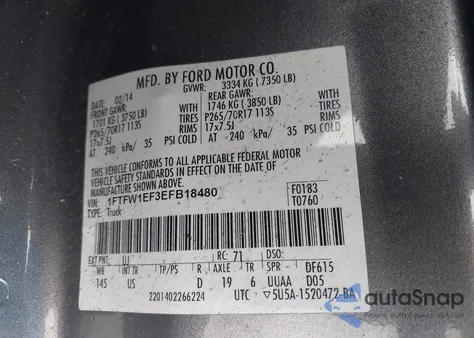 2014 Ford F-150 Xlt из США, поврежденный, VIN 1FTFW1EF3EFB18480